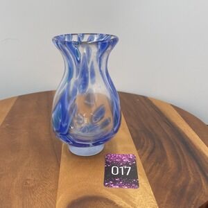 Murano Style Hand Blown Vase ~ Blue White Teal ~ 5 1/2" Tall Vintage